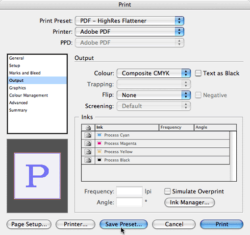 indesign print output, save preset