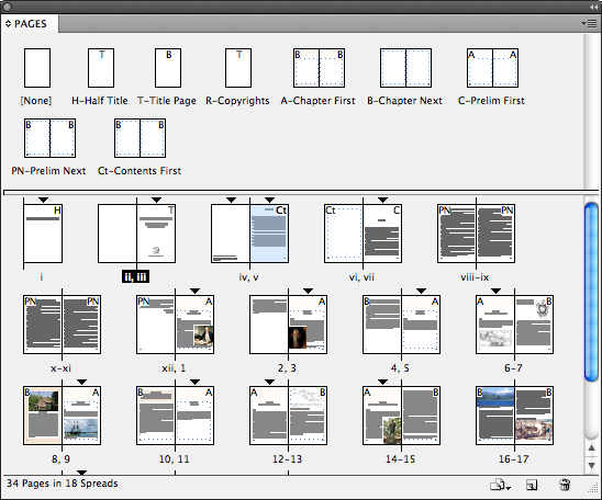 Pages panel in InDesign displaying all the different sections in the publication.