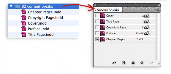 image displaying InDesign documents collated into an InDesign Book.