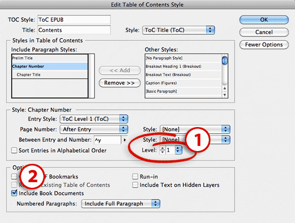 Table of contents style panel, displaying Level 1 TOC entries and Include Book Documents option.