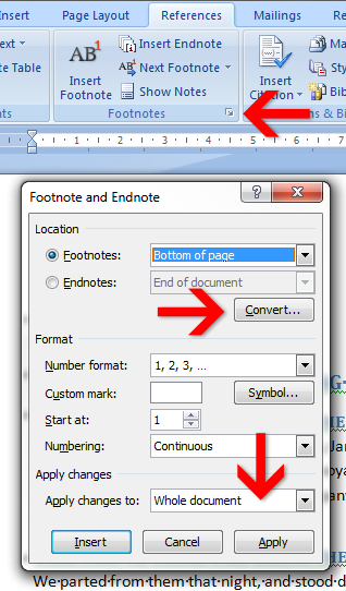 Footnote and Endnote settings in Microsoft Word.
