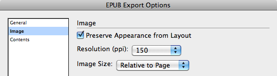 EPUB Export Options dialog