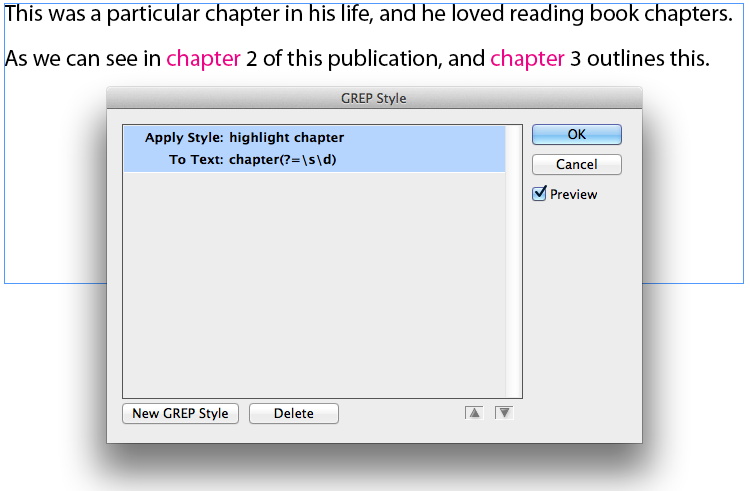 GREP style dialog, with finished GREP and text example