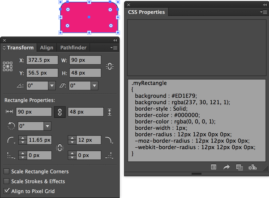 Transform and CSS Properties panel with border-radius set.